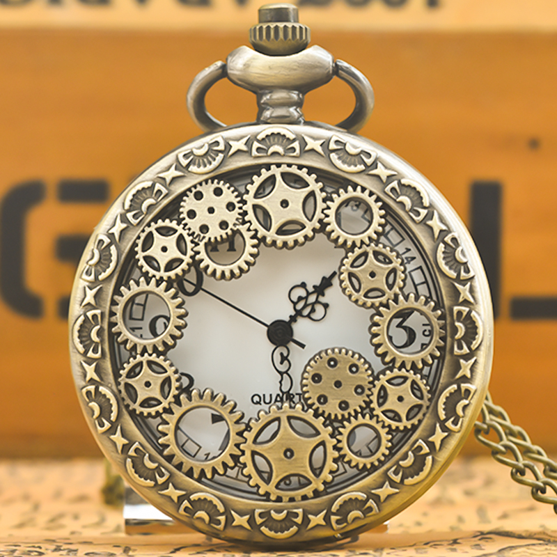 Preto oco engrenagem esculpida relógio de bolso de quartzo colar pingente relógio corrente masculino feminino presente memorial