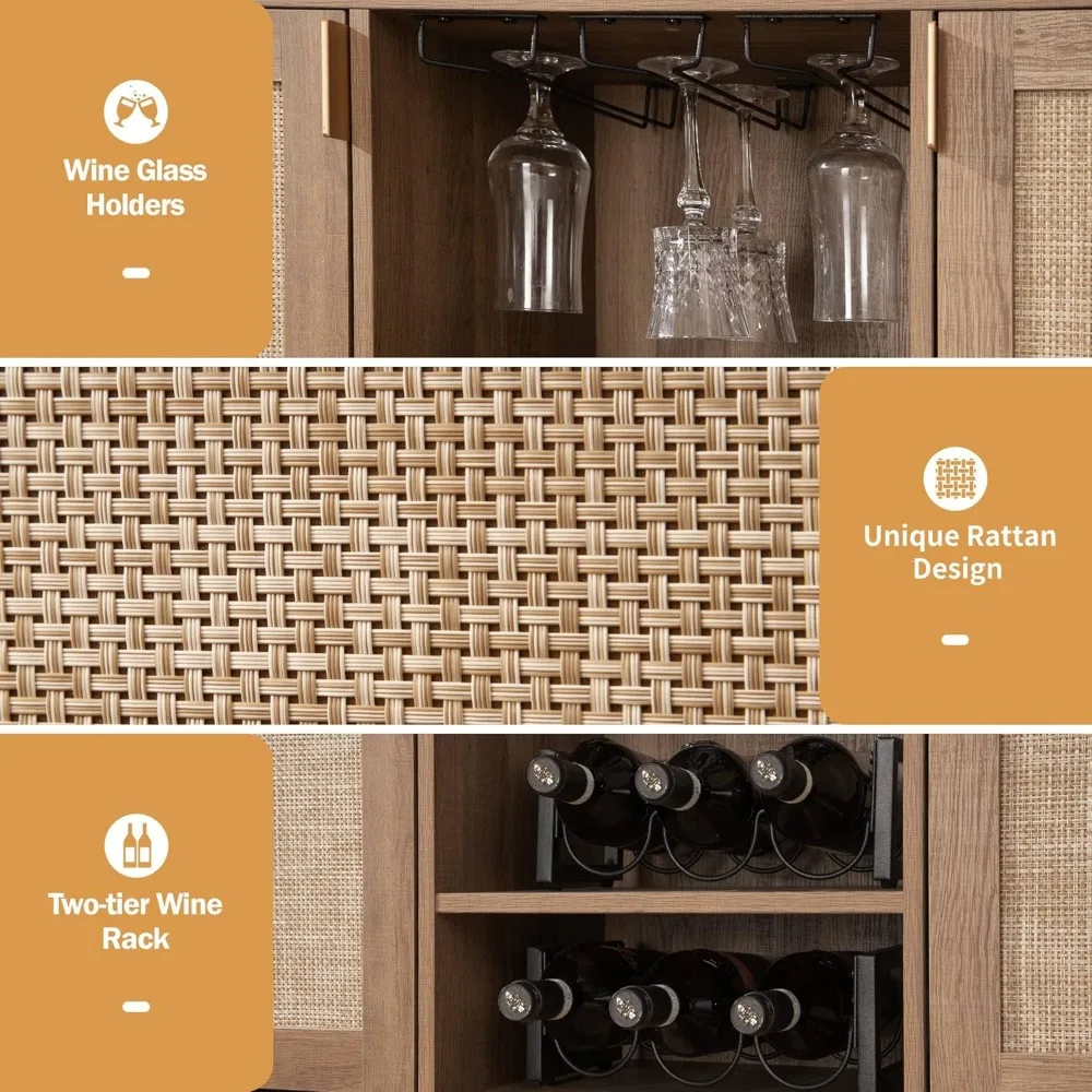 Coffee Bar Cabinet, 51" Rattan Sideboard Buffet Cabinet with Storage, Boho Farmhouse Liquor Cabinet with Wine Racks Credenza