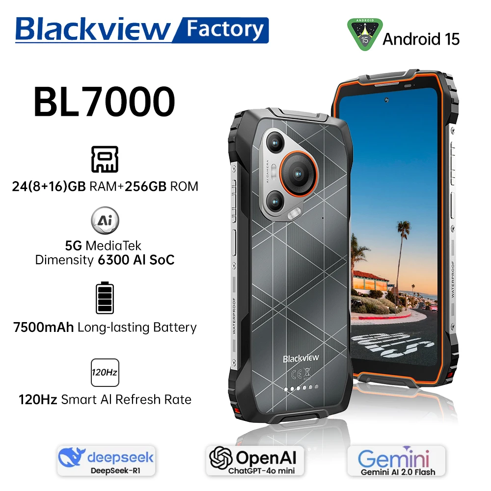 블랙뷰 BL7000 5G AI 러기드 폰 딥시크 GPT 안드로이드 15 스마트폰, 6.78인치 HD+2.4K 디스플레이 120Hz, 8GB 램 256GB, 7500mAh