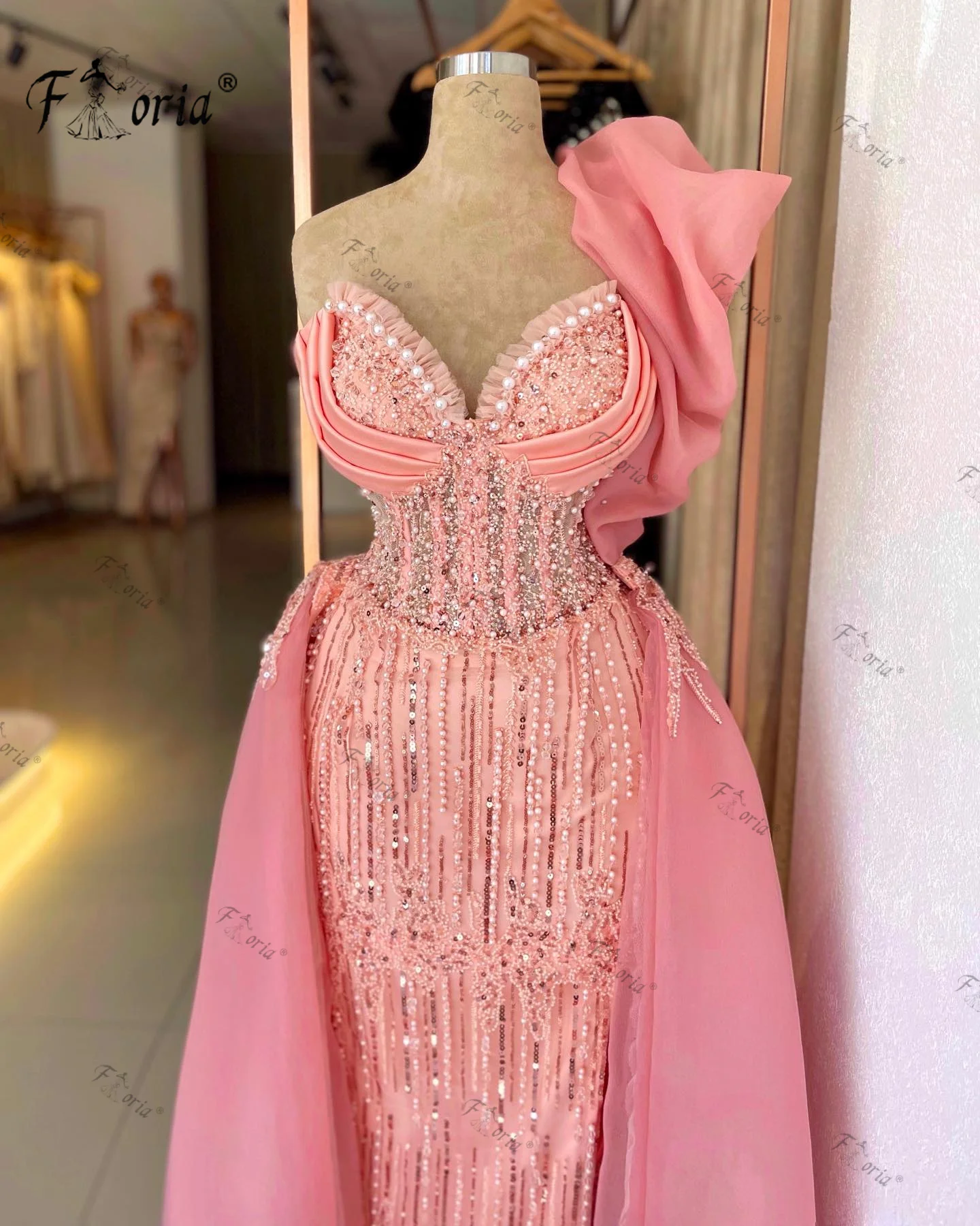 Prinses Roze Kralen Zeemeermin Formele Avondjurk Afneembare Trein Charmant Pailletten Corset Bruiloft Jurk vestidos de noche