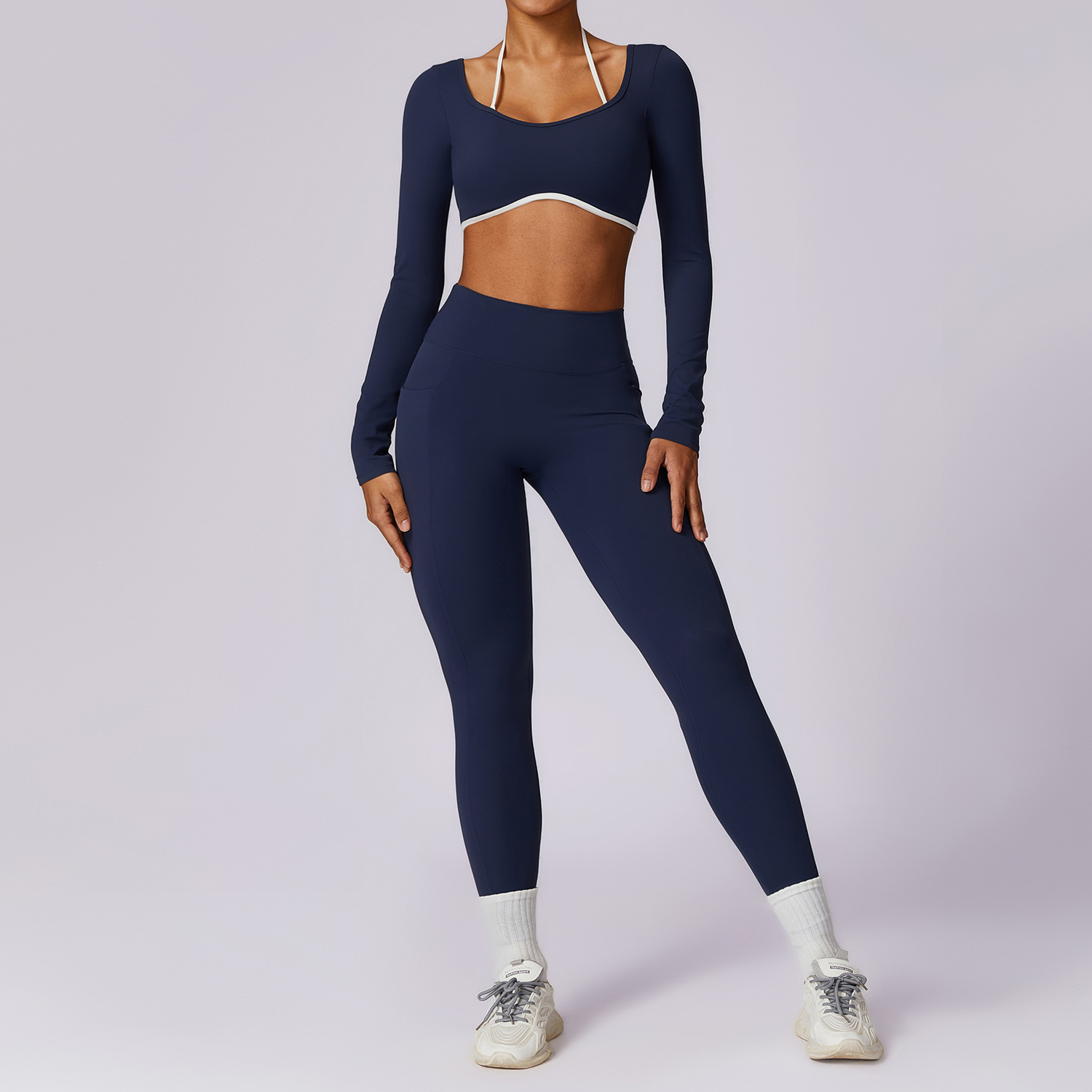 Chándal de 2 piezas para mujer, conjunto de Yoga, ropa deportiva de entrenamiento, ropa de gimnasio, Top corto de manga larga, mallas de cintura alta, trajes deportivos