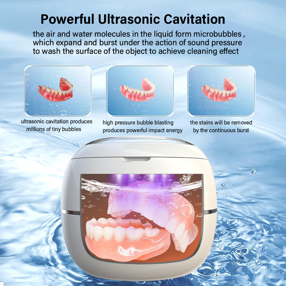 Pulitore ad ultrasuoni per fermi Protesi Macchina per la pulizia dei gioielli Mini pulitore portatile per denti finti ad ultrasuoni UV