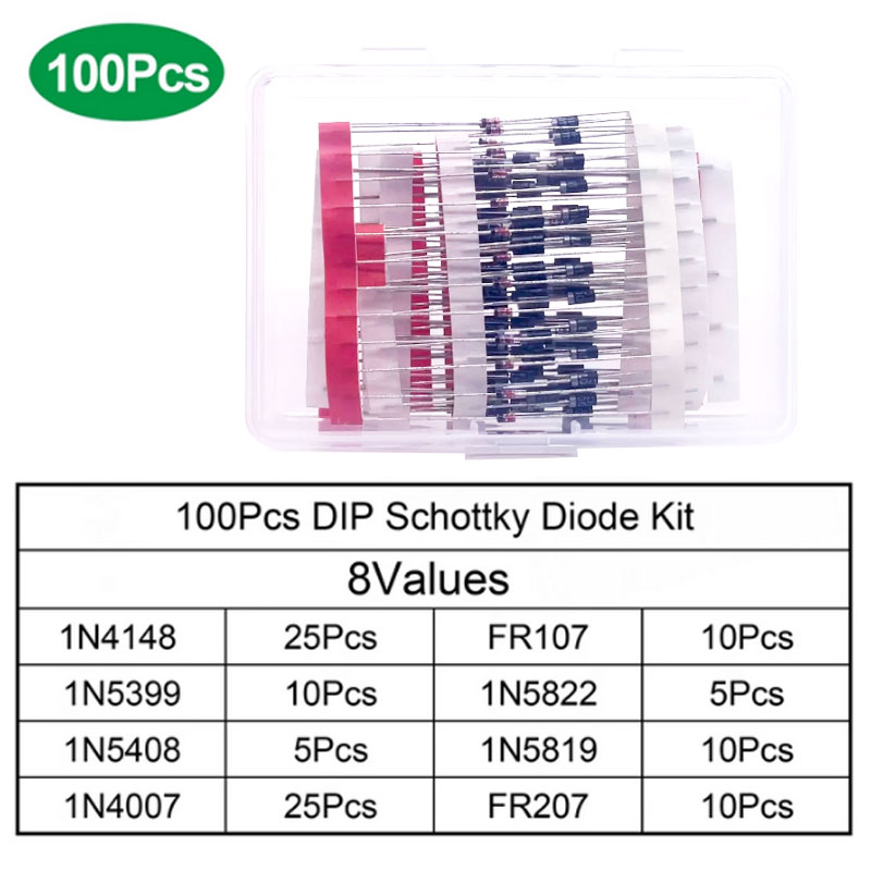100/200PCS Rectifier Diode Schottky Diode Kit 1N4007 1N4148 1N5408 1N5819 1N5822 1N4001 1N4004 1N5404 FR107 FR207 Fast Switching