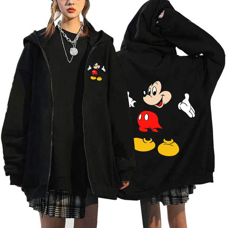 2022 Neue Damen-Sweatshirt-Jacke mit Mickey-Mouse-Muster, Herbst-Winter, langärmelig, übergroße Kapuzenpullover mit Reißverschluss