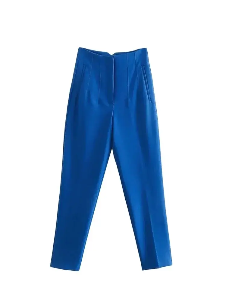 Mulheres chique moda com detalhe de costura escritório usar calças vintage cintura alta zíper voar feminino tornozelo calças mujer