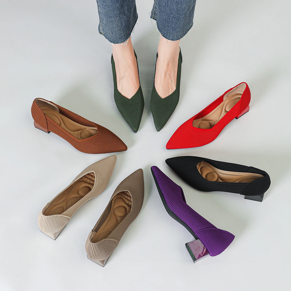 2025 nuevos tacones altos para mujer grandes 42/43 zapatos transpirables de punto con parte inferior de goma antideslizante puntiaguda a la moda