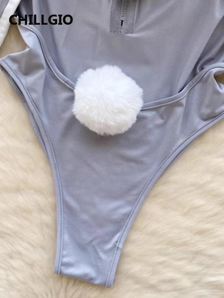 Chillgio feminino sexy erótico coelho bodysuits moda sólida uma peça combinação macacão pijamas collants sem costas zíper catsuits