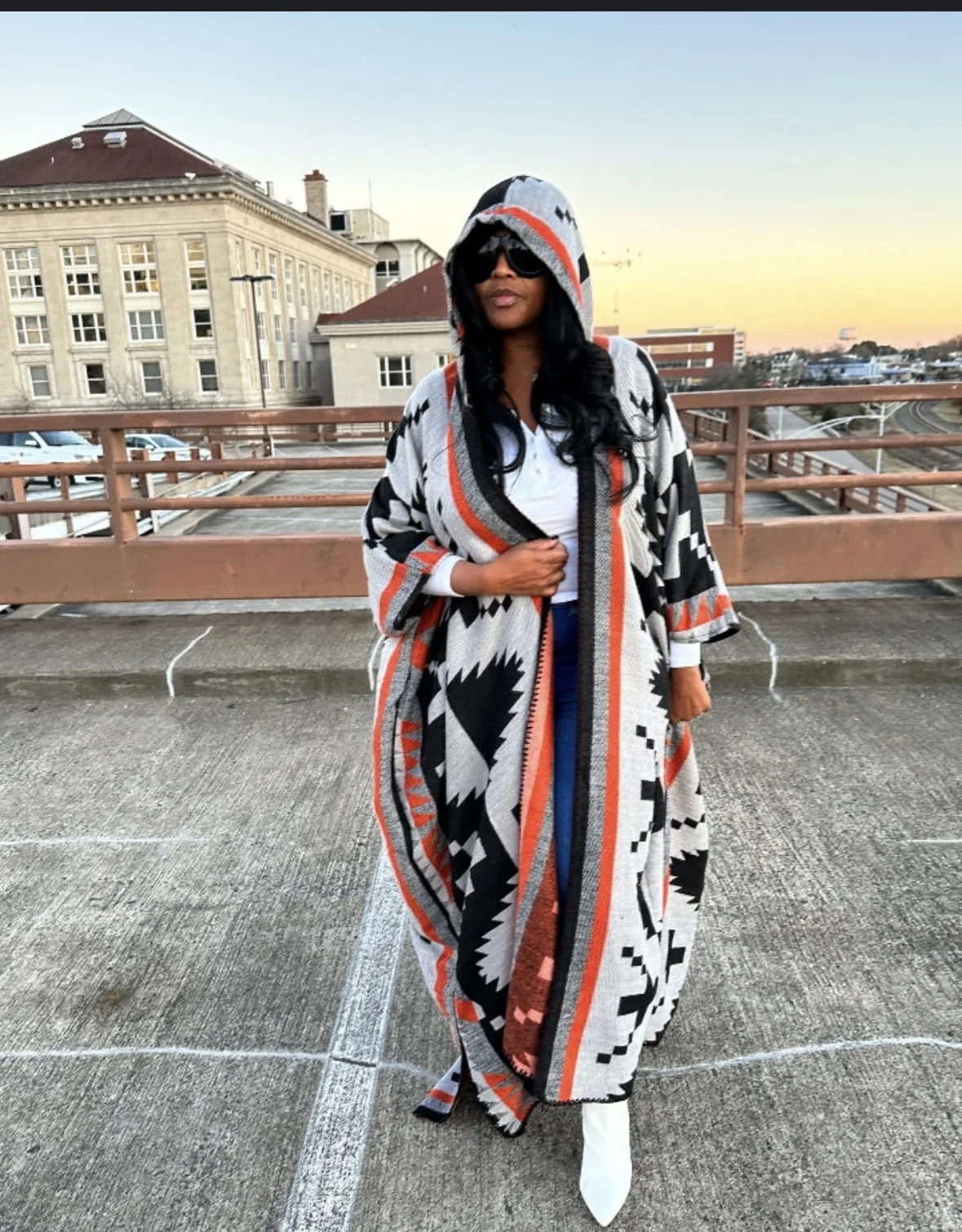 African Women's New Stylish Printed Long Warm Cardigans Plus Size African Blogger Rich Lady Loose Open Front Kimonos With Caps
