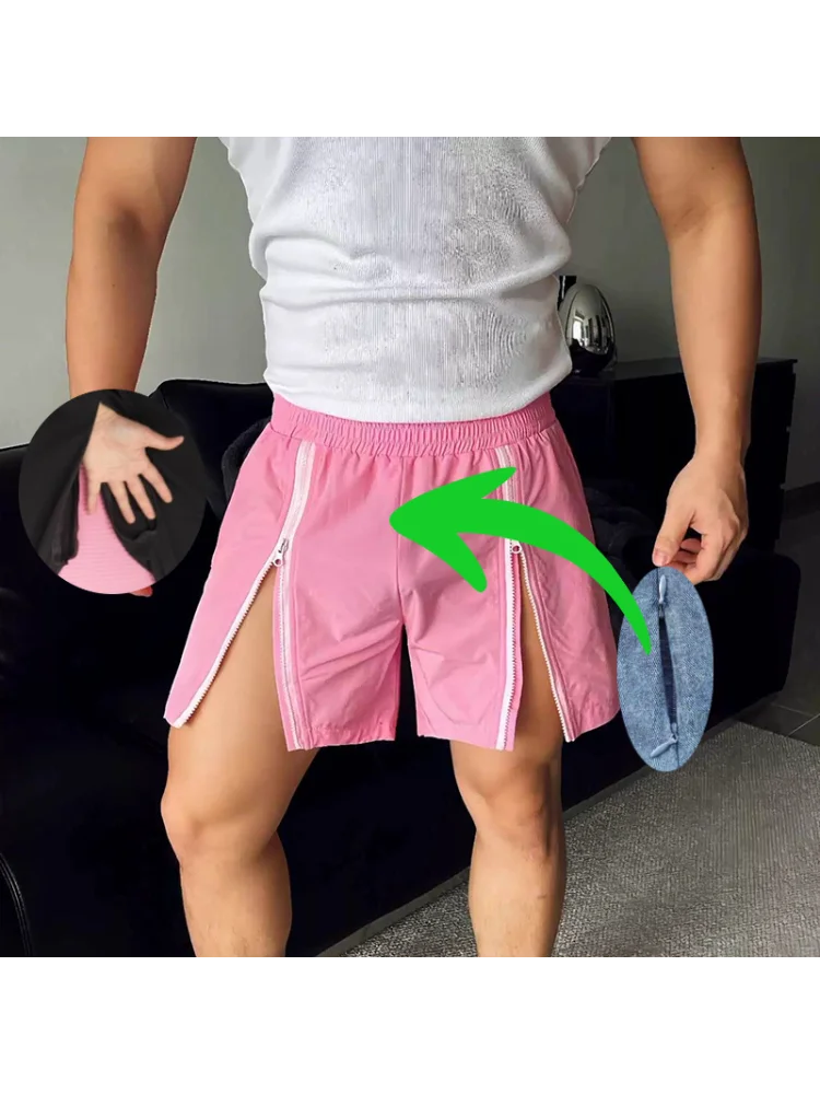 Pantalones cortos con cremallera para hombre, pantalones deportivos abiertos, Fitness, pierna de cadera, pantalones recortados casuales fuertes, pantalones de playa, Verano