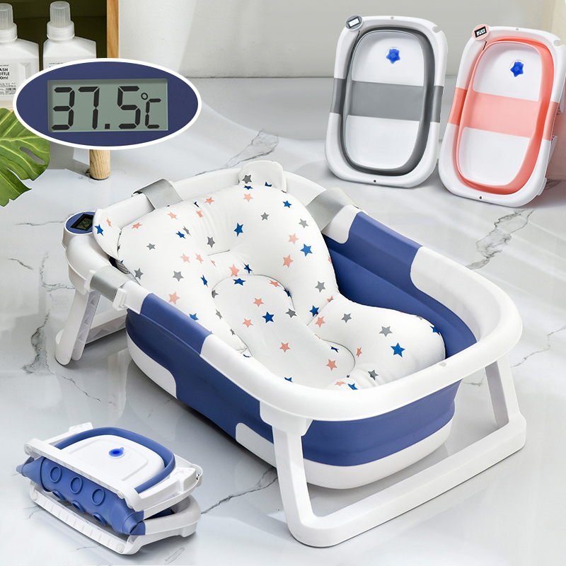 Bañera de silicona con temperatura en tiempo Real para bebé, cubo para baño de pies antideslizante, baño plegable con detección de temperatura