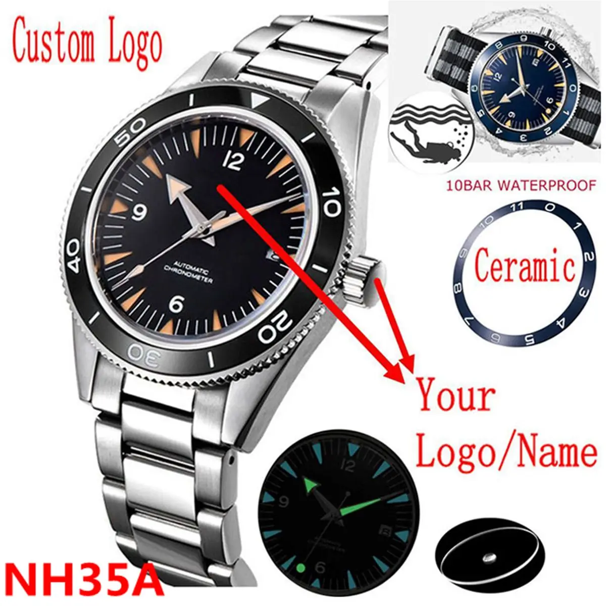 Tùy Chỉnh Logo NH35A Đồng Hồ 100 Chống Nước Nam 41Mm Sapphire Gốm Ốp Viền Nam Đồng Hồ Cơ Đỏ Phối Thể Thao Tự Động Đồng Hồ Đeo Tay