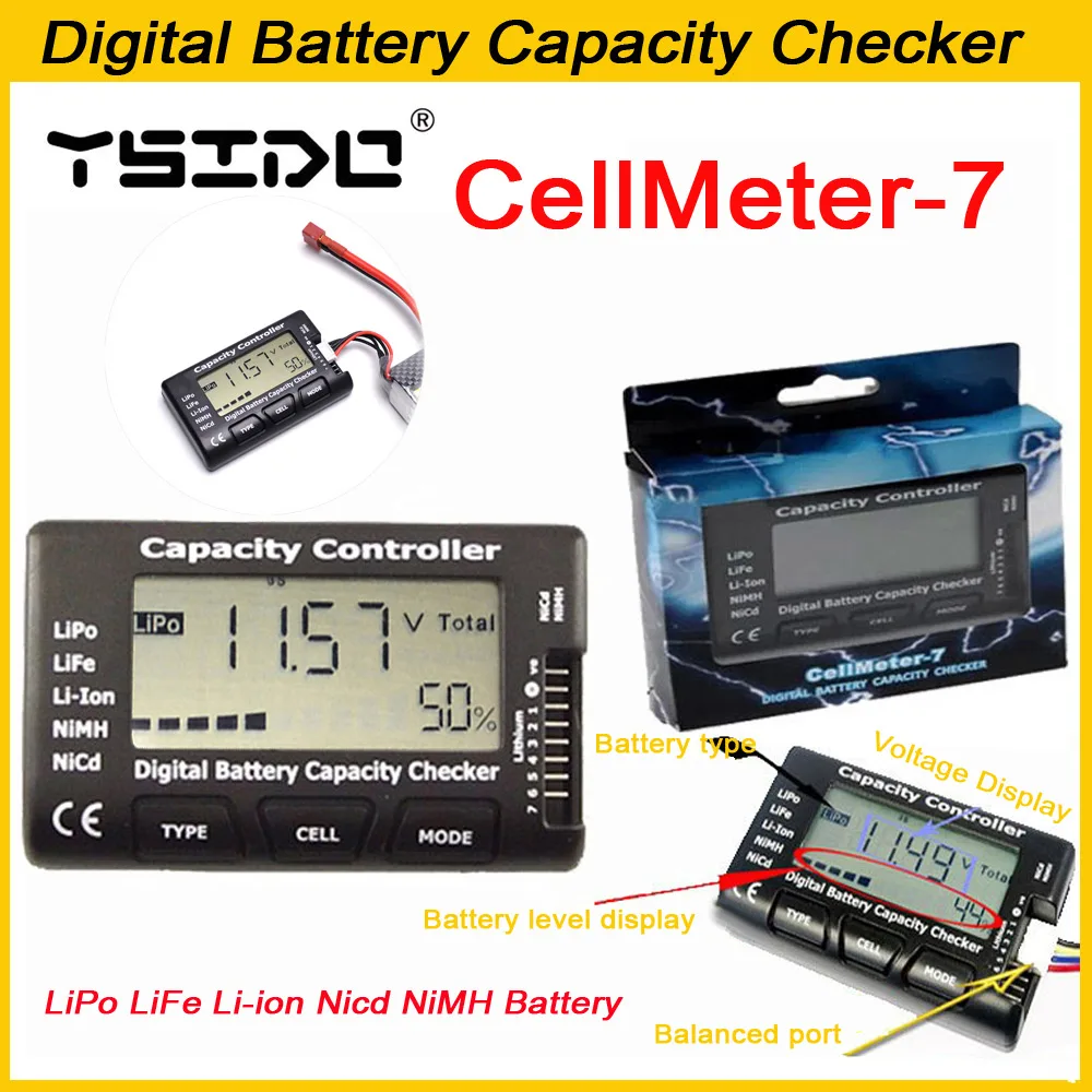 YSIDO RC CellMeter-7 Digital LiPo LiFe Li-ion Nicd NiMH Verificador de capacidade da bateria Verificador de tensão da bateria Verificação CellMeter7