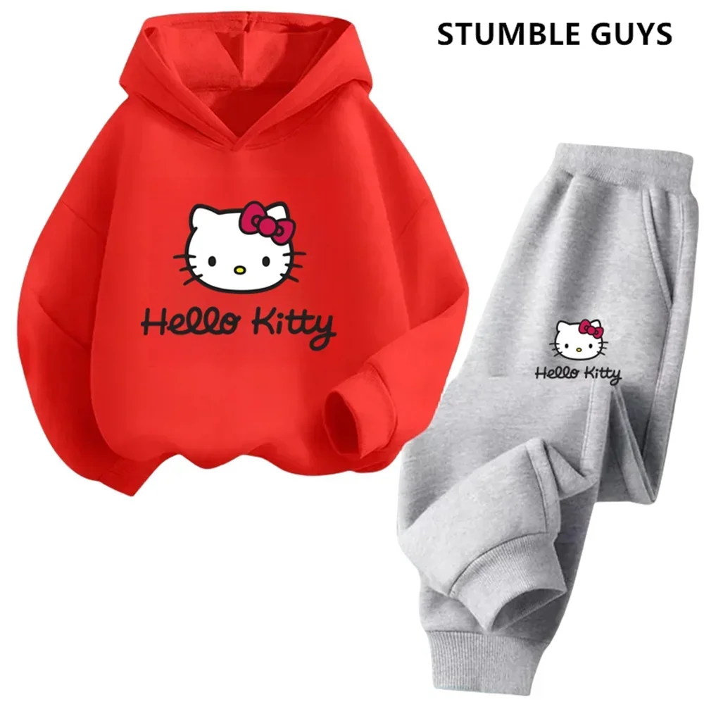 Kawaii Helloキティフーディーセット女の子、アニメパーカー、子供用パンツ、ティーントラックスーツ、幼児服、スポーツスーツ、2個、2022