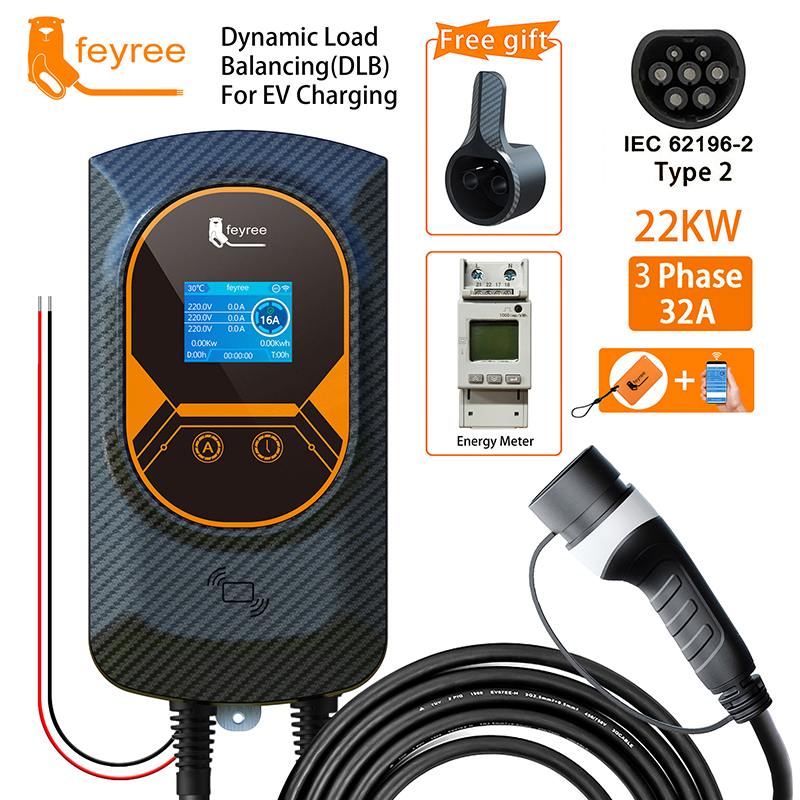 Feyree ev carregador type2 cabo 32a 7.6kw branqueamento de carga dinâmica evse wallbox função app 11kw 22kw estação de carregamento carro elétrico