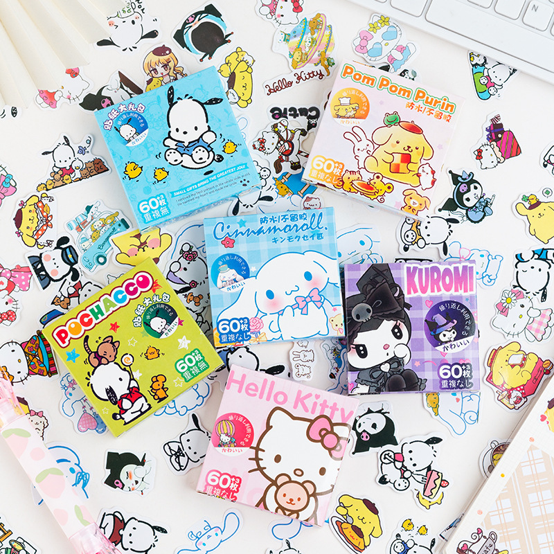 60 pçs/caixa kawaii anime sanrio adesivos olá kitty kuromi cinnamoroll pochacco adesivos diy papelaria bonito dos desenhos animados adesivo presente