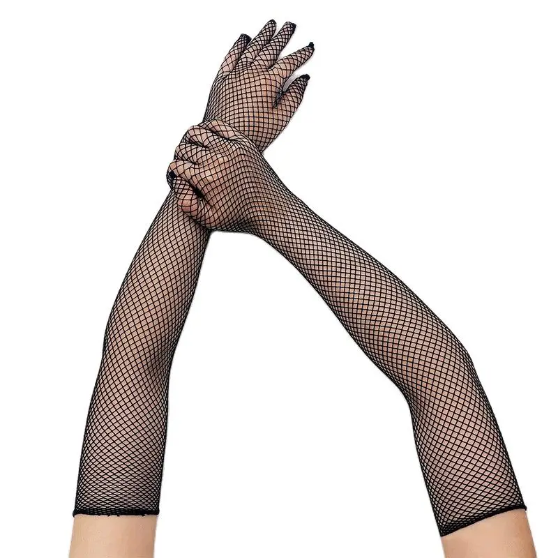Red de pesca larga de alta elasticidad, malla fina para Cosplay, guantes sexis transparentes para puesta en escena, personalidad de moda, suave y sólido