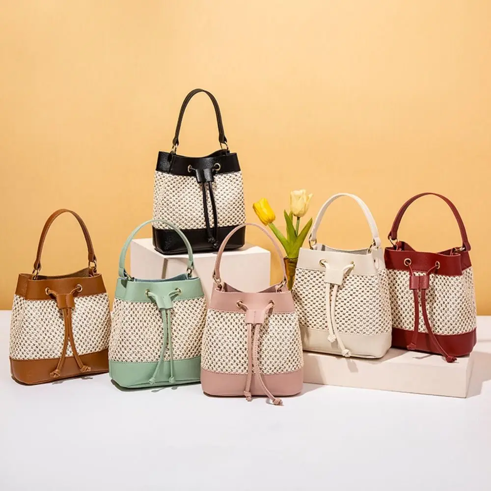 Bundle Pocket Straw Crossbody Bag Commute Handbag Drawstring Bucket Bag Messenger Bag Large Capacity Beach Shoulder Bag Girls
