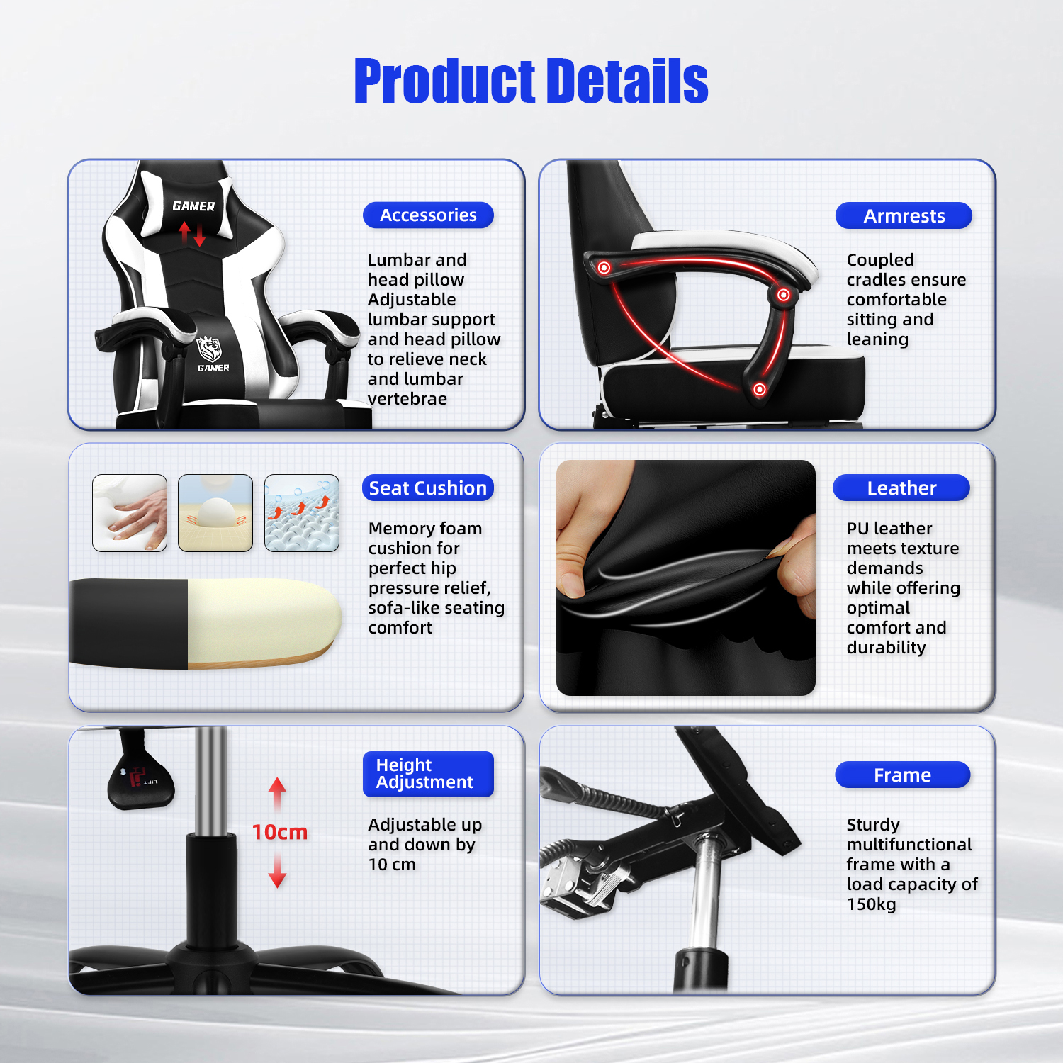 Chaise de jeu ergonomique Daccormax avec support lombaire réglable et appui-tête, conception à dossier haut + repose-pieds pliable pour les joueurs sur PC