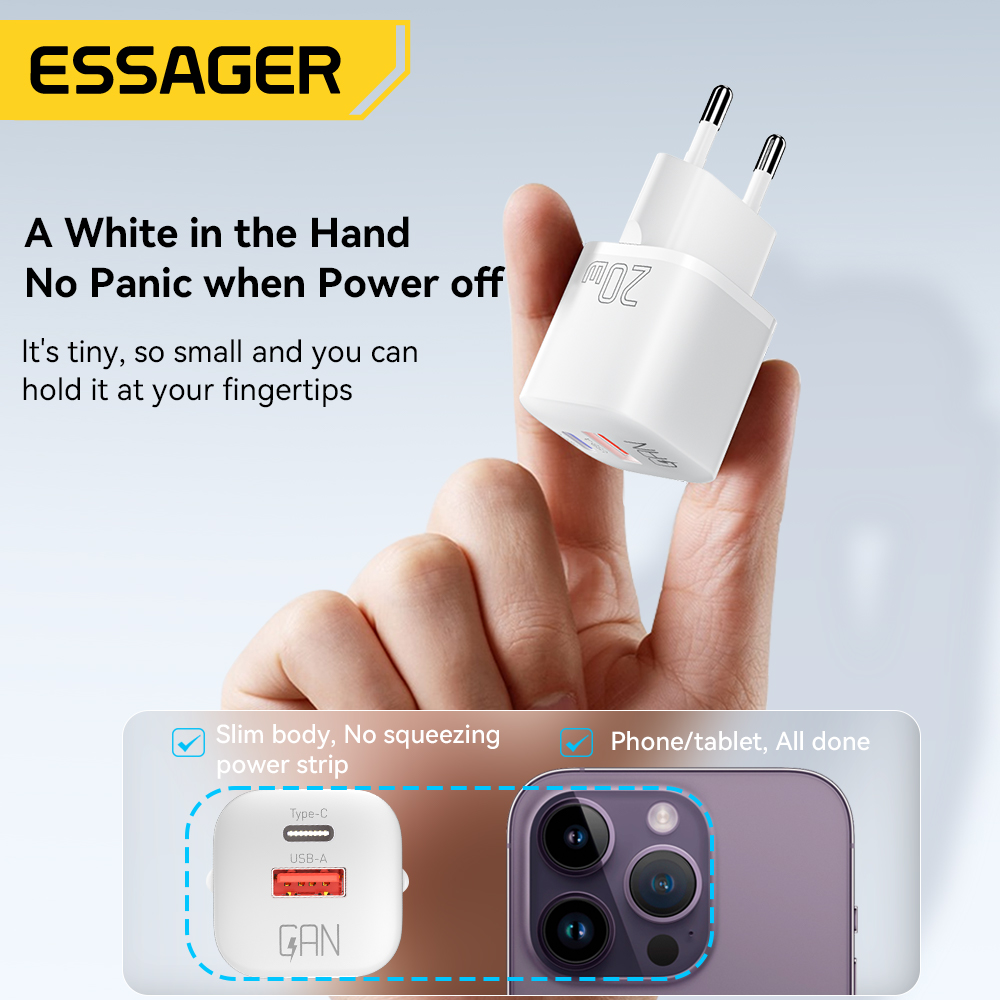Essager 20W GaN PD USB C Caricatore per iPhone 15 13 12 11 Pro Max Telefono QC 3.0 PD 3.0 USB Tipo C Ricarica rapida per Xiaomi pocoiPad