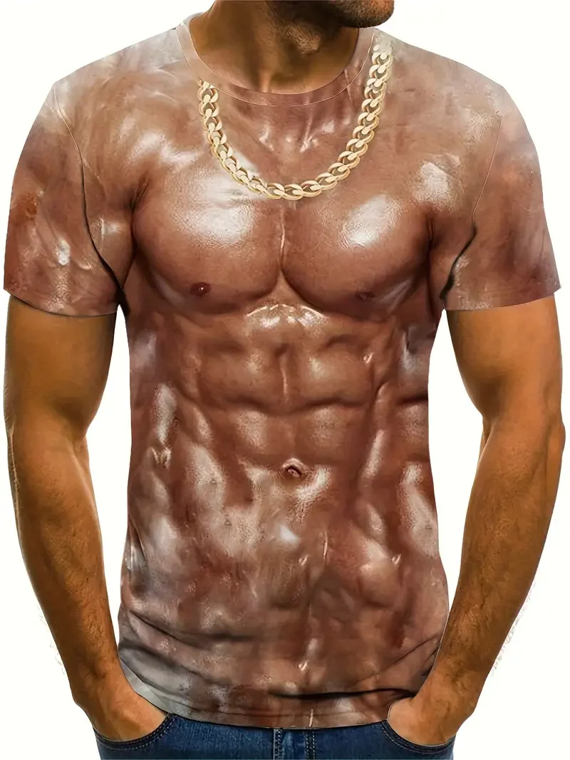 3D デジタル筋肉質の男性の体のパターンクルーネックと半袖 Tシャツ小説とスタイリッシュな夏のトップスアウトドアカジュアルトップス