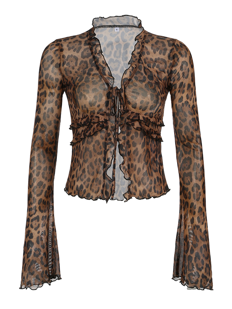 Rockmoer Leopardenmuster Mesh Shirts Sexy Durchsichtige Rüschen Langarm Krawatte Vorne Damen Strickjacke Tops Y2K Retro Slim Blusen