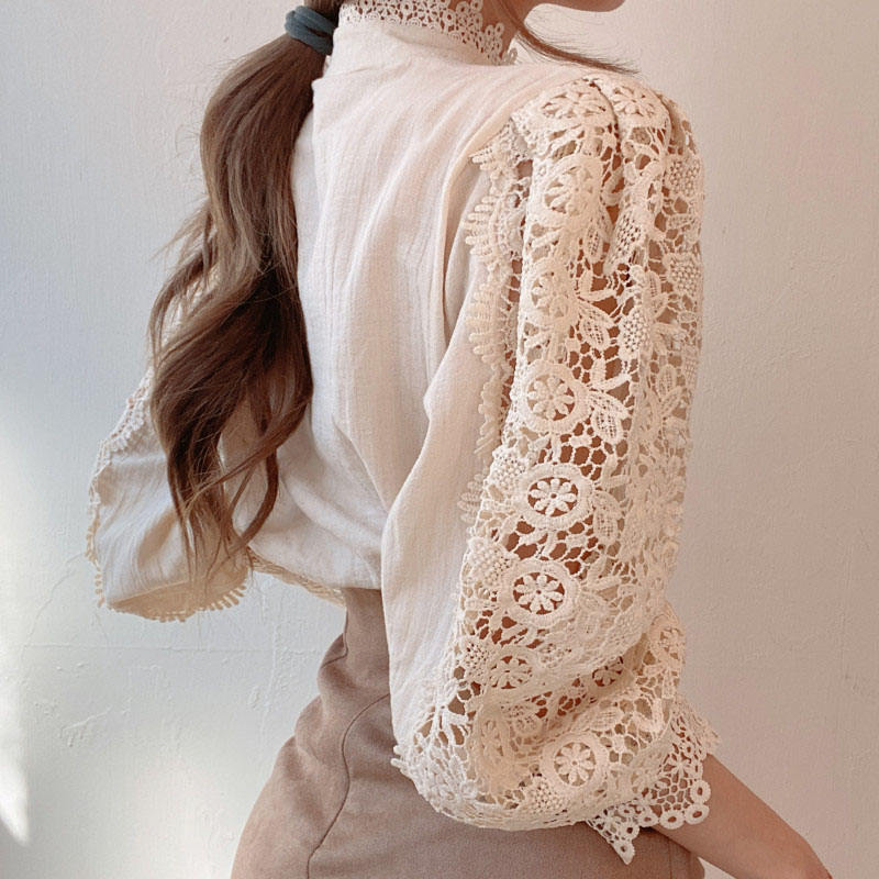 Elegant Lace Tops Embroidery Hollow Out Solid Stand Collar Female Tunic Plus Size Petal Sleeve Spring Womens Tops And Blouses