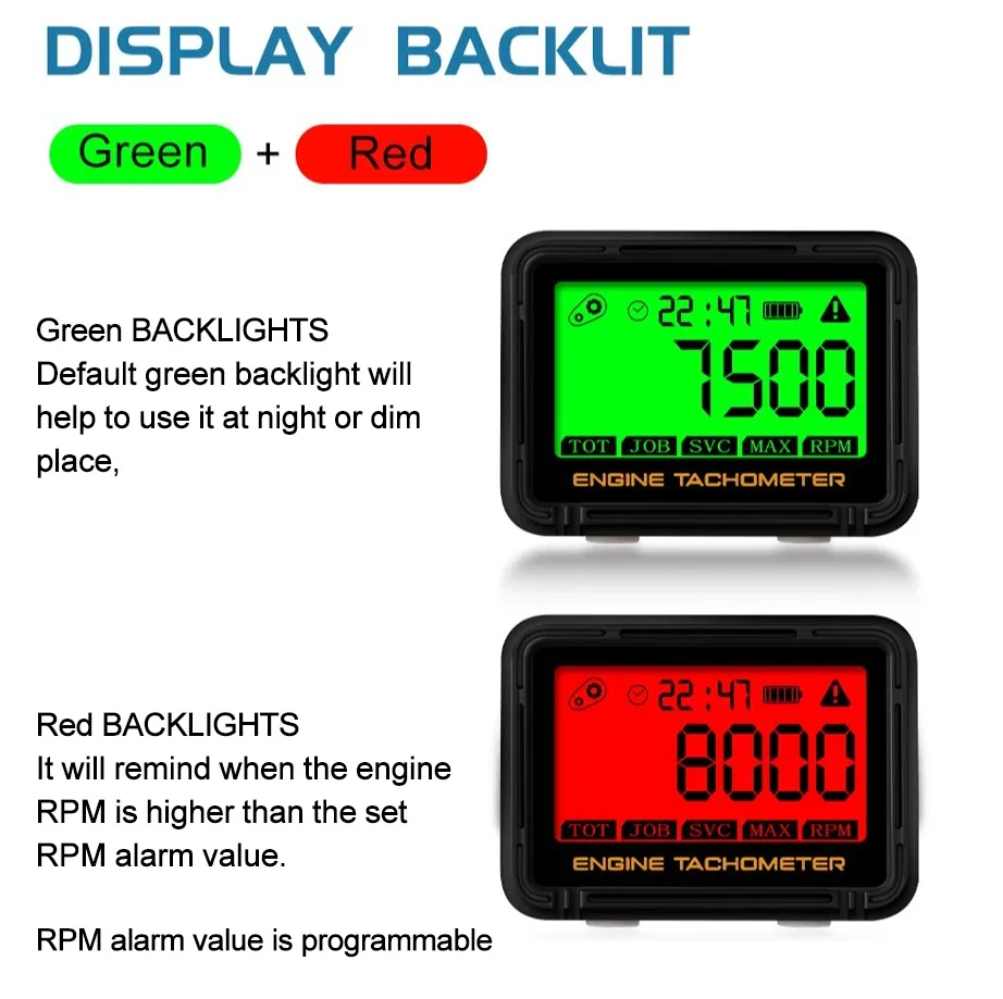 Moto tacômetro digital indutivo svc tot jal medidor de hora do motor backlight rpm reajustável para cortador de grama da motocicleta