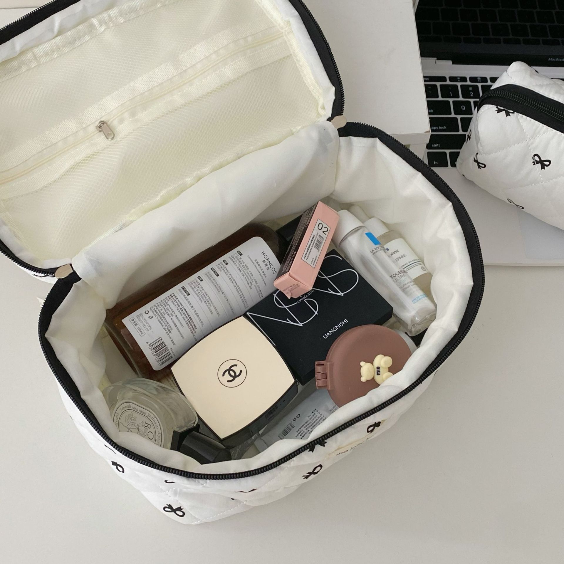 Mode Cherry Tote Dames Make-up Tas Draagbare Leuke Dames Cosmetische Toilettas Opbergtas Handtas Katoen Gewatteerde Rits Tas