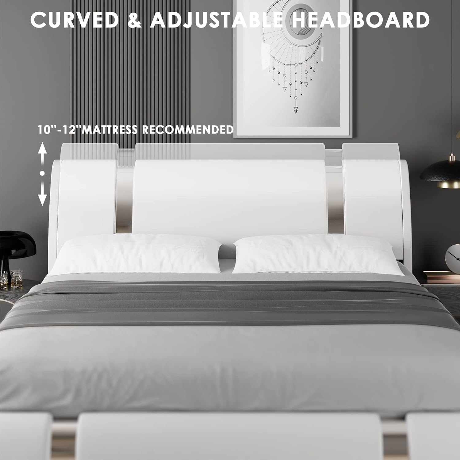 Modern Faux Leather Upholstered Platform Bed Frame with Iron Metal Decor, Adjustable Curved Headboard, Wooden Slats