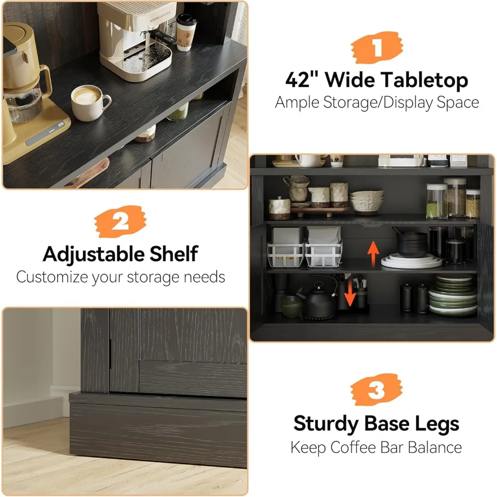 Coffee Bar Cabinet with LED Lights 72" Tall Buffet Cabinet with Storage Farmhouse Kitchen Sideboard