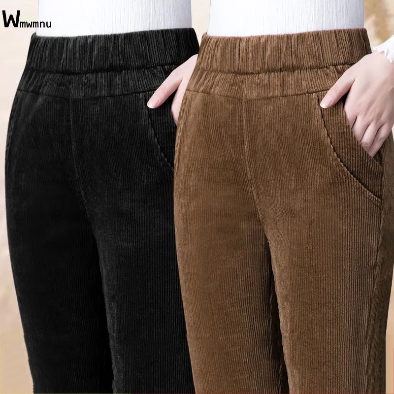 Frühling Herbst Elastische Hohe Taille Gerade Hosen Frauen Klassische Schwarz Pantalones De Mujer Mutter der Casual Braun Cord Hosen