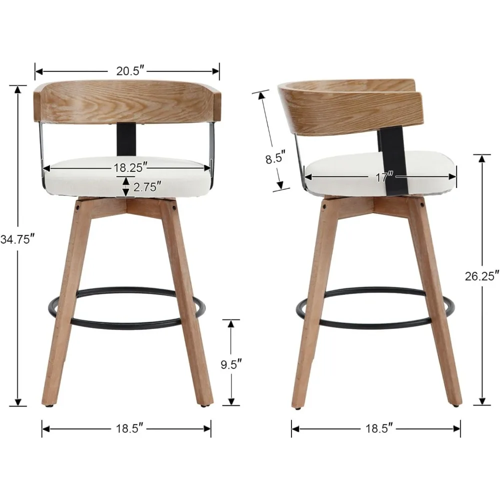 pair of 26" modern counter height swivel bar stools with upholstered linen seats and footrests