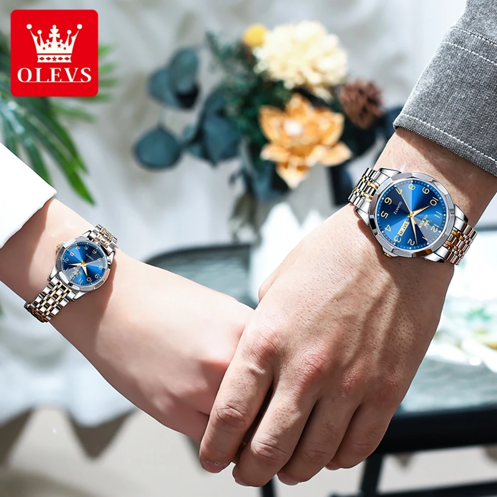 OLEVS นาฬิกาคู่สำหรับผู้ชายและผู้หญิง, นาฬิกาควอทซ์หรูหราใหม่9970หน้าปัดเป็นรูปตัวเลขกระจกรูปสี่เหลี่ยมขนมเปียกปูนนาฬิกาสแตนเลสนาฬิกาดั้งเดิม
