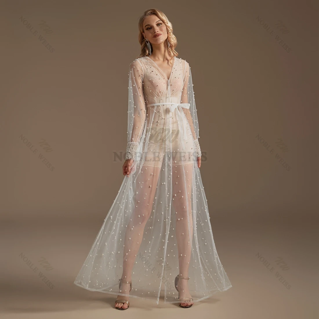 Parel Pols Lange Mouw Bruiloft Jas Tule Gewaad Partij Sjaal BOLERO Vloerlengte Bruids Cape Sexy Parels Lange Jas Aangepaste