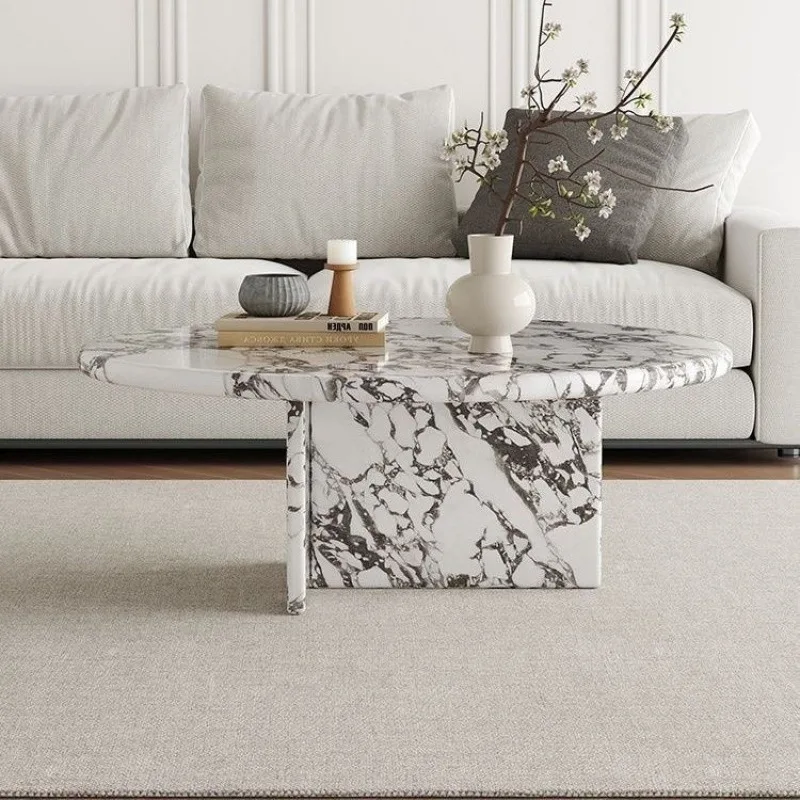Mesa de centro de mármore natural Carrara – Mesa central moderna para sala de estar com pernas de metal, mesa de console de pedra resistente para sofá