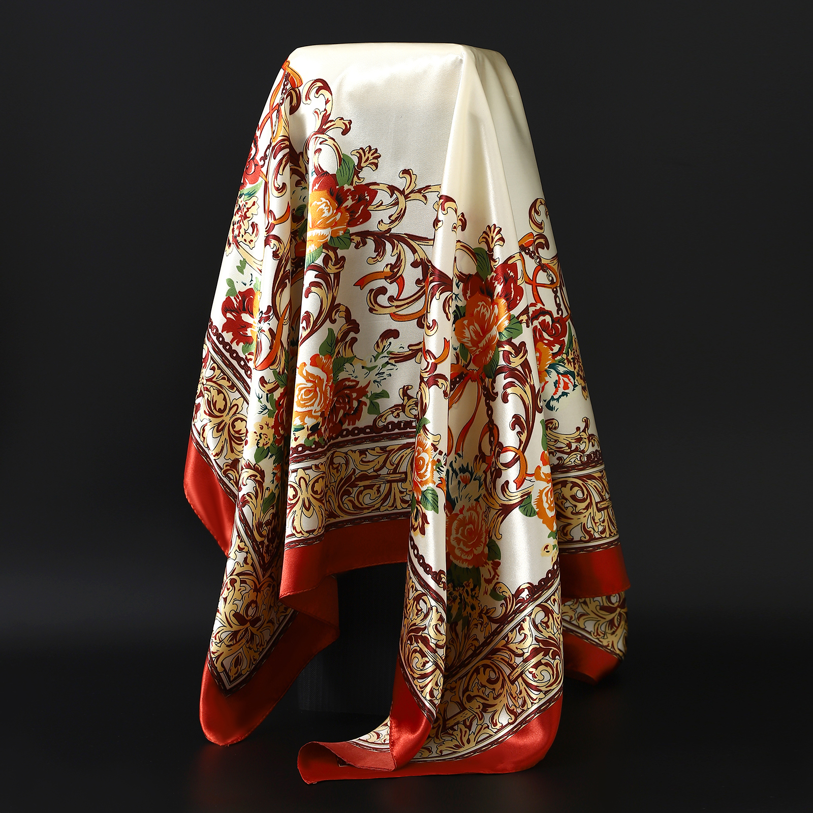 90*90 センチメートルシルクスカーフ女性プリントヘアネックスクエアオフィスレディースショールバンダナイスラム教徒ヒジャーブハンカチマフラースカーフ女性