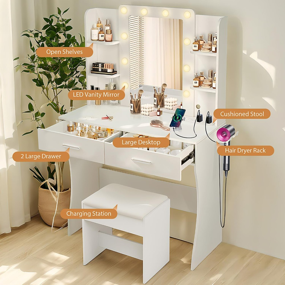 Vanity Desk with Mirror and Lights, Power Outlet & Hair Dryer Rack, 2 Drawers and 6 Storage Shelves, Cushioned Stool, Vanities
