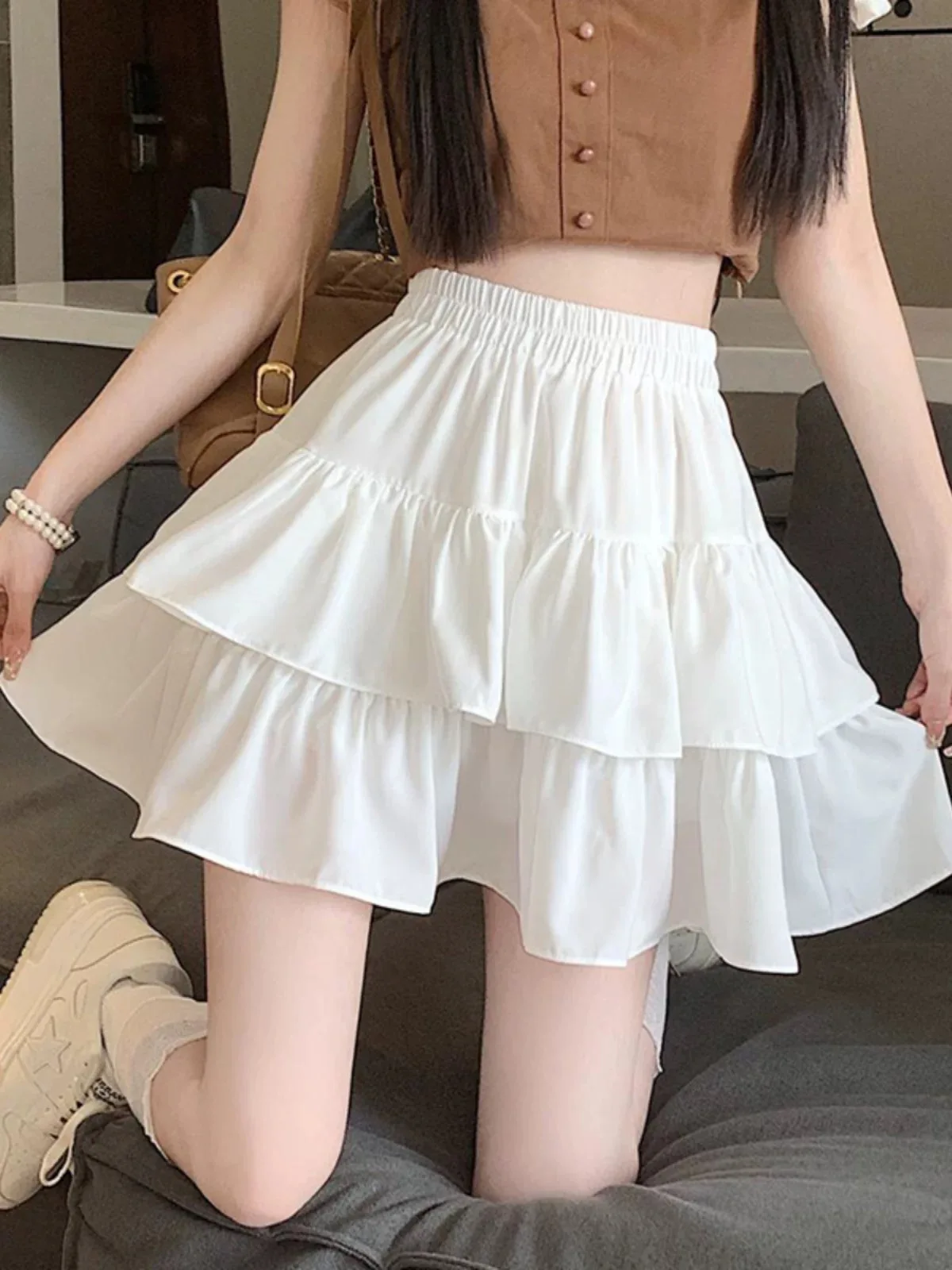 ฤดูร้อน Kawaii Mini A-Line กระโปรงน่ารัก Flirty เอวสูง Ruffle Patchwork Lolita Ball Gown Y2K เกาหลีหวานผู้หญิงเสื้อผ้า