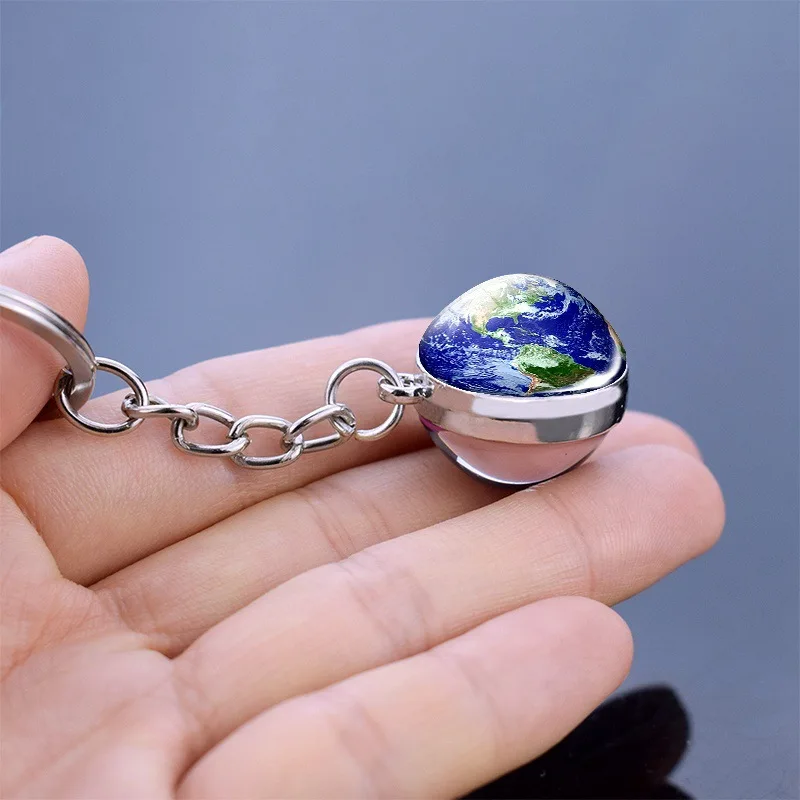 Porte-clés double face système solaire, porte-clés planète, galAct, nébuleuse, espace, lune, terre, grain de soleil, image d'art, boule de verre, clé de voiture JOR