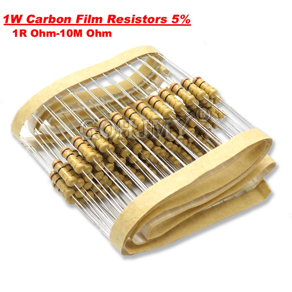 20 Chiếc 1W Carbon Bộ Phim Điện Trở 5% 1R-10M 1K 10K 4K7 20K 100K 200K 560K 1M 3M3 Ohm Viền Màu Chống 10R 47R 100R 220R 500R