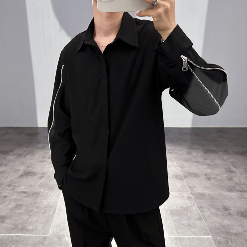 Frühling Herbst neue Mode Turn-Down-Kragen Langarm solide Herren bekleidung Bluse koreanischen Knopf Reiß verschluss Trend All-Match-Shirts