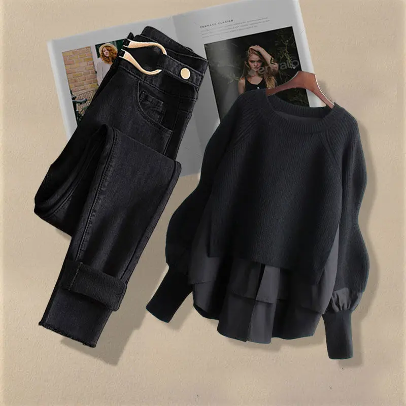 Traje grande de primavera y otoño para mujer, nueva moda coreana, camisa falsa de dos piezas, Top, pantalones vaqueros informales ajustados, conjunto de dos piezas 2024