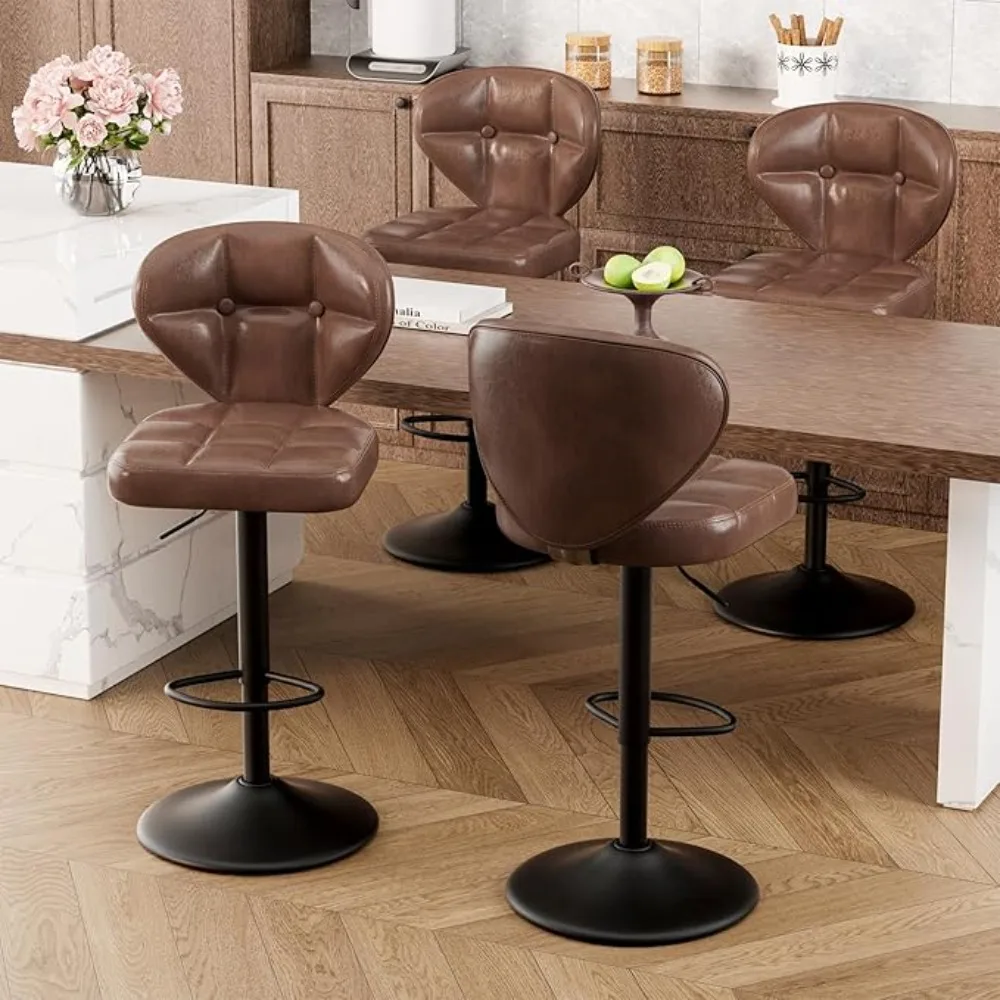 Bar Stool Set of 4, Adjustable PU Leather Upholstered Swivel Bar Chairs, Counter Height Barstools with Backrest, Bar Stool