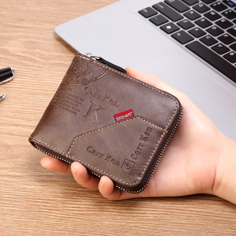 メンズ PU ワックスオイルレザーウォレット – 現金とカード用のオールラウンドジッパー付きショート二つ折り小銭入れ