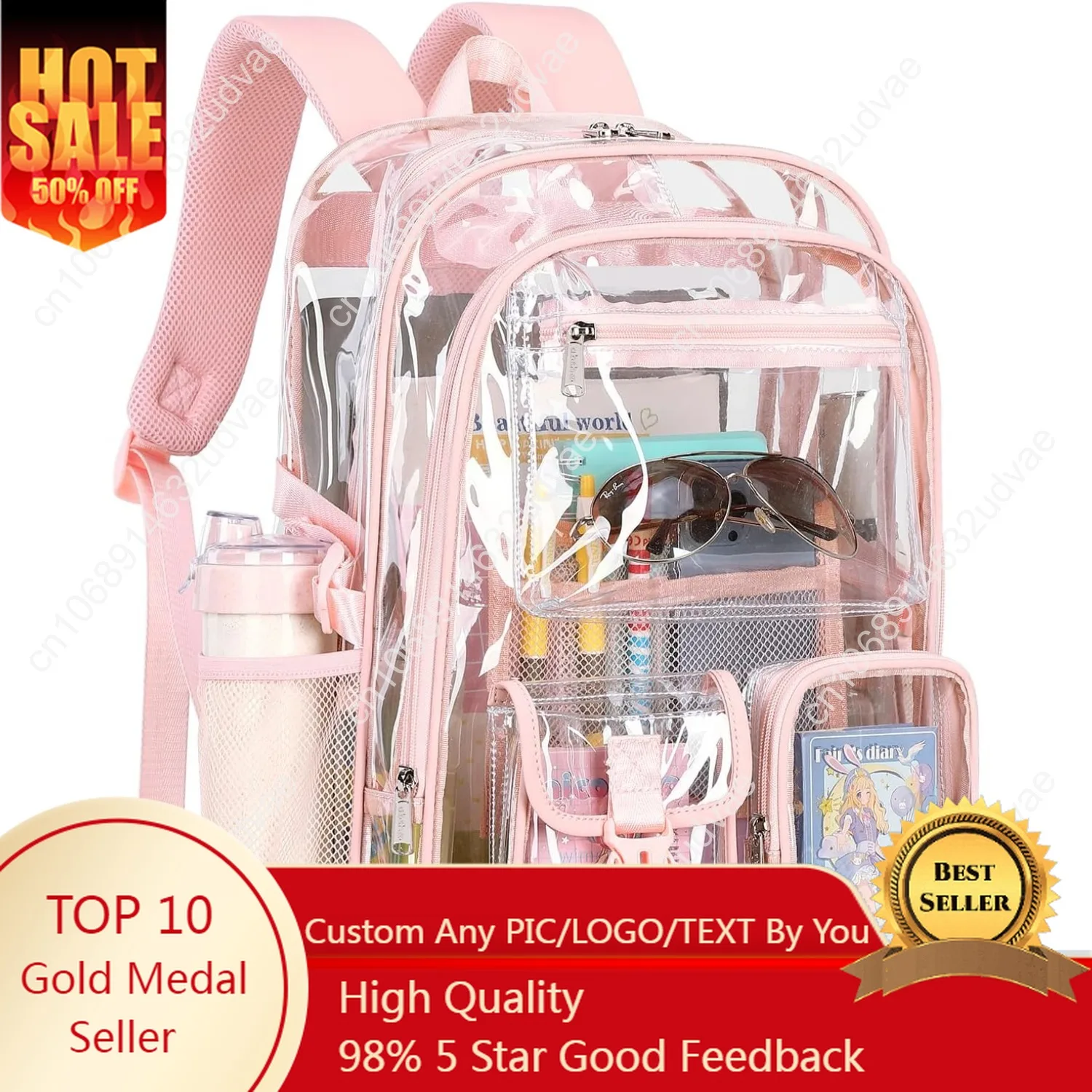 abshoo Large Clear Backpack For Girls Women School Bookbag Heavy Duty Transparent Backpack (Pink)