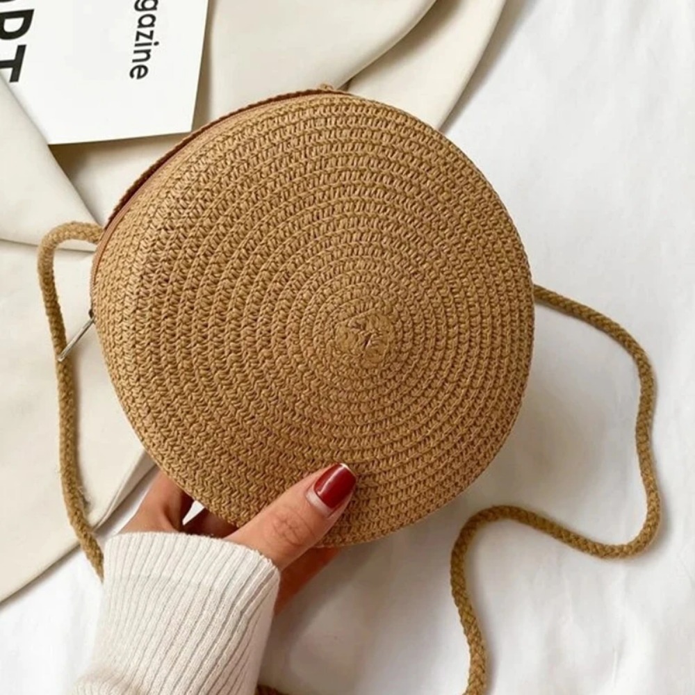 Bolsa de palha minimalista estilo férias – bolsa de ombro crossbody redonda feminina