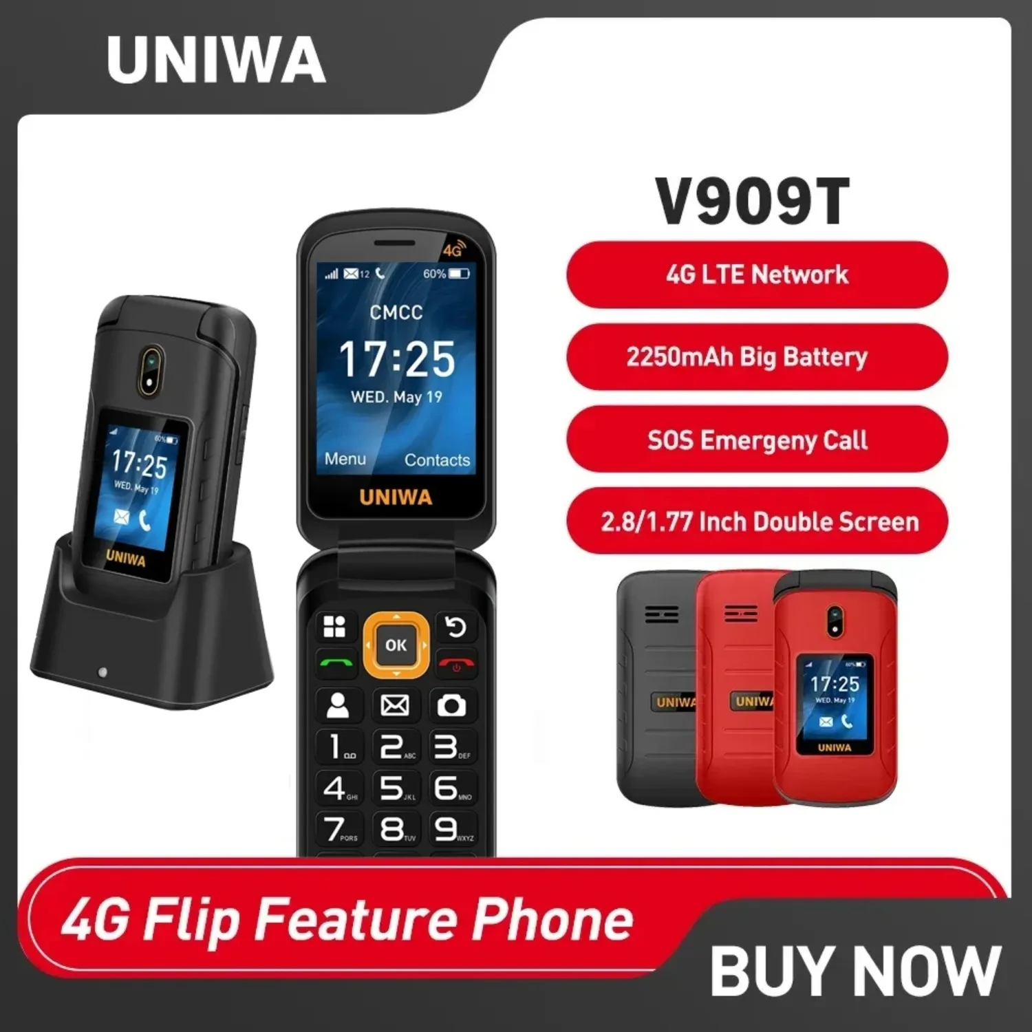UNIWA V909T 4G teléfono móvil con tapa de pantalla Dual teléfono móvil con botón grande para personas mayores 2250mAh teclado árabe hebreo ruso