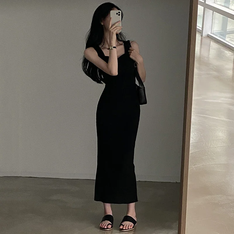 Myufon Basic Strick Langes Kleid Koreanische Mode Quadrat Kragen Ärmellose Damen Kleider Sommer Casual Y2k Vintage All-match Outftis