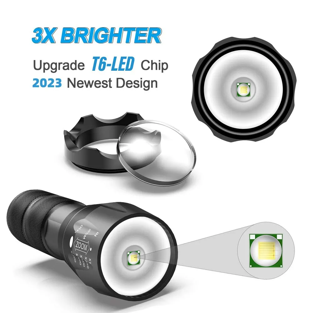 Linternas Led de alta potencia, antorcha para acampar, 5 modos de iluminación, aleación de aluminio, luz con zoom, Material impermeable, utiliza 3 pilas AAA