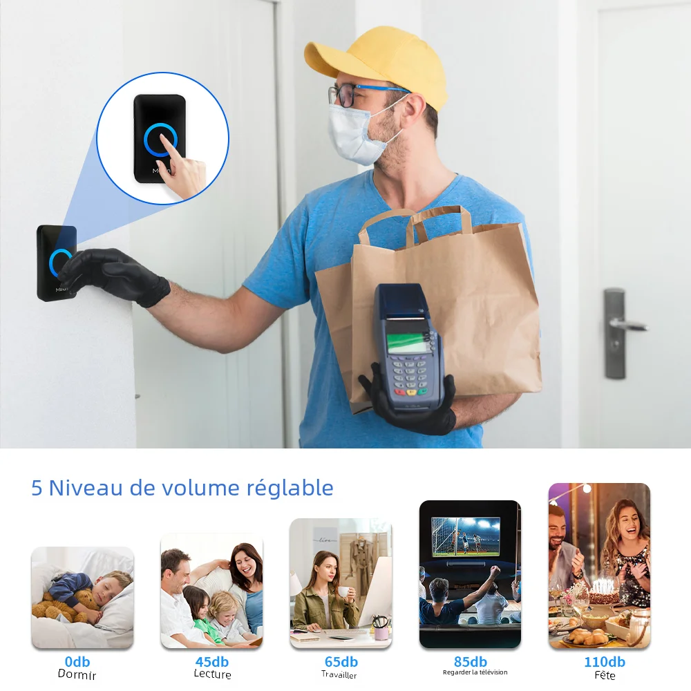 Meian-sonnette de maison intelligente, sonnette extérieure sans fil, sonnette de porte étanche IP65, 60 chansons, alarme de sécurité intelligente, carillon de sonnette de porte